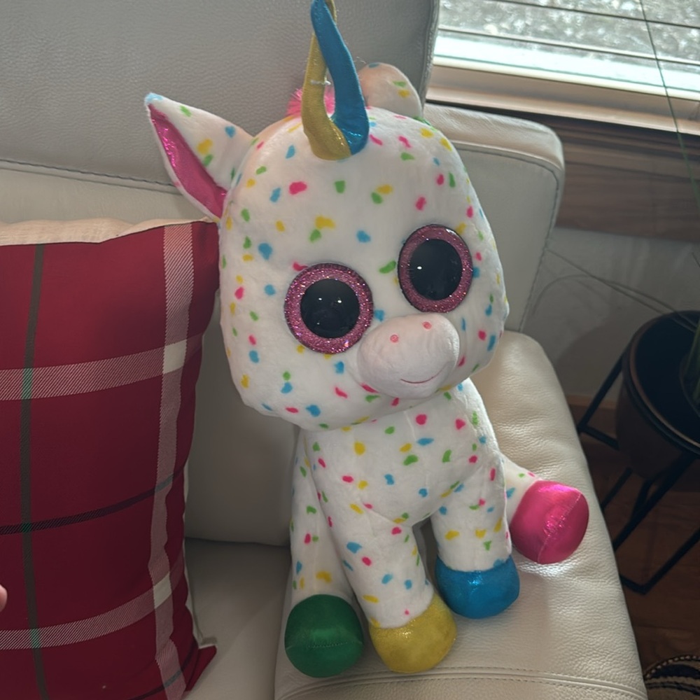 White and Pink Unicorn Stuffed Animal with Colorful Hooves